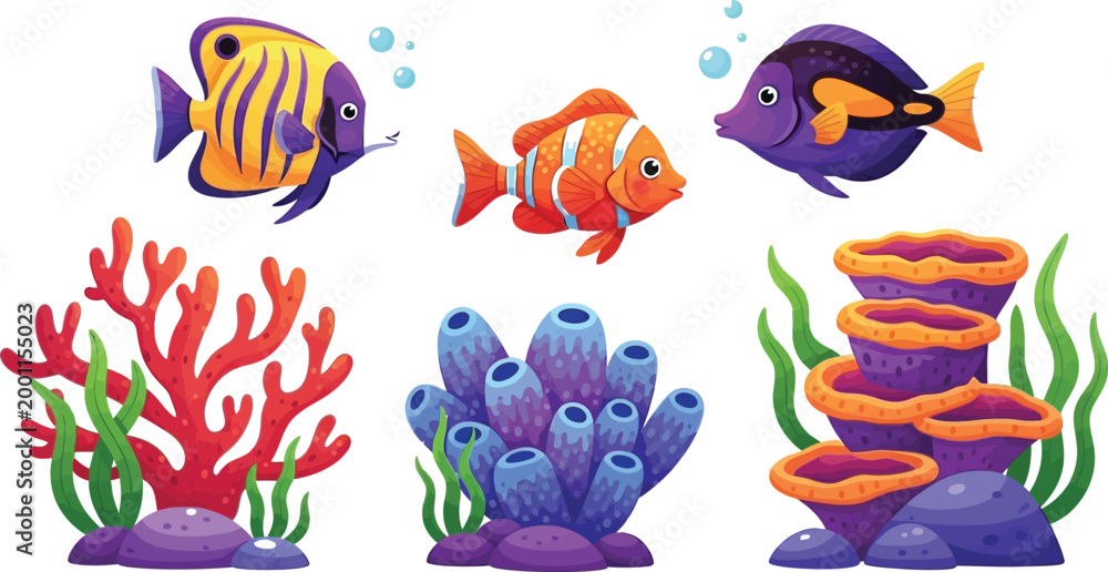 Fototapeta premium Colorful cartoon fish and coral reef illustration Vector