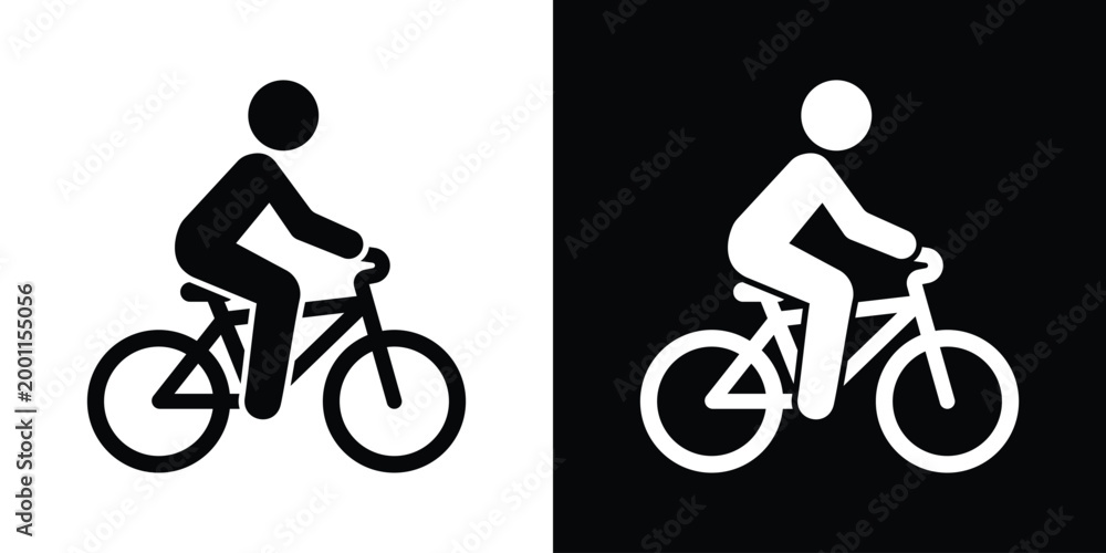 Fototapeta premium Minimalist cyclist icon featuring a person riding a bicycle. Vector graphic illustration suitable for bike lanes, transport signage, or sports design, isolated on black and white background.