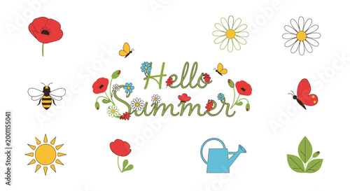 Hello Summer typography with garden flowers sun and insects