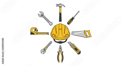 Construction tools and yellow hard hat flat vector icon set