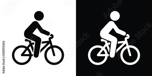 Minimalist cyclist icon featuring a person riding a bicycle. Vector graphic illustration suitable for bike lanes, transport signage, or sports design, isolated on black and white background.