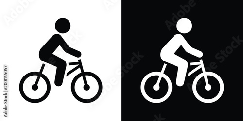 Minimalist cyclist icon featuring a person riding a bicycle. Vector graphic illustration suitable for bike lanes, transport signage, or sports design, isolated on black and white background.
