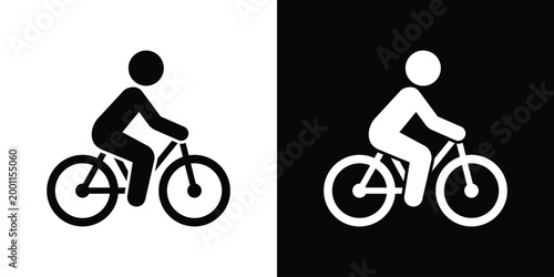Minimalist cyclist icon featuring a person riding a bicycle. Vector graphic illustration suitable for bike lanes, transport signage, or sports design, isolated on black and white background.