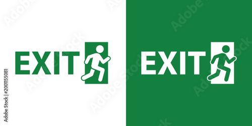 Emergency exit sign featuring a running human figure exiting a door with the text EXIT. Professional vector icon for safety signage and building navigation, isolated on green and white background.