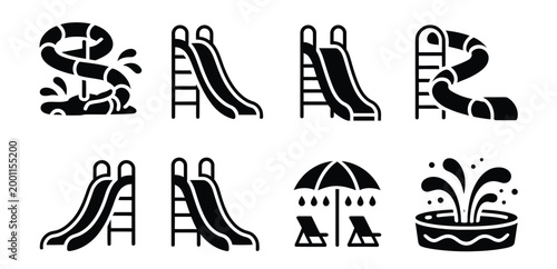 Water slide icons illustration, black silhouette set for aqua park attractions, summer recreation, and leisure entertainment design.