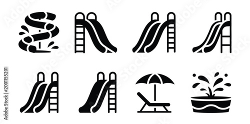 Water park slides icons illustration set, black silhouette symbols for aqua park attractions, summer recreation, and leisure entertainment design.