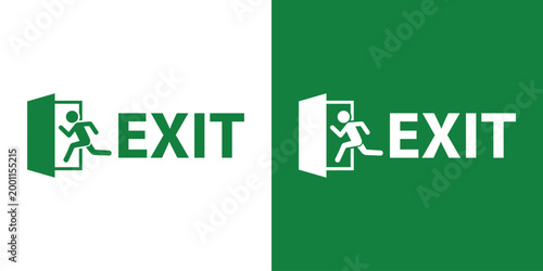 Emergency exit sign featuring a running human figure exiting a door with the text EXIT. Professional vector icon for safety signage and building navigation, isolated on green and white background.
