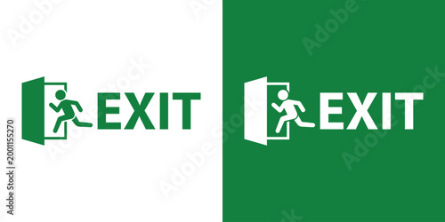 Emergency exit sign featuring a running human figure exiting a door with the text EXIT. Professional vector icon for safety signage and building navigation, isolated on green and white background.