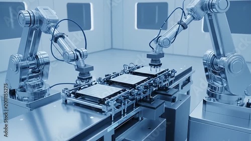Industrial robotic arms assembling microchips on automated production line