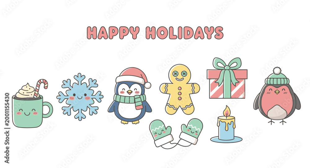 Fototapeta premium Kawaii Christmas holiday character illustrations on white background