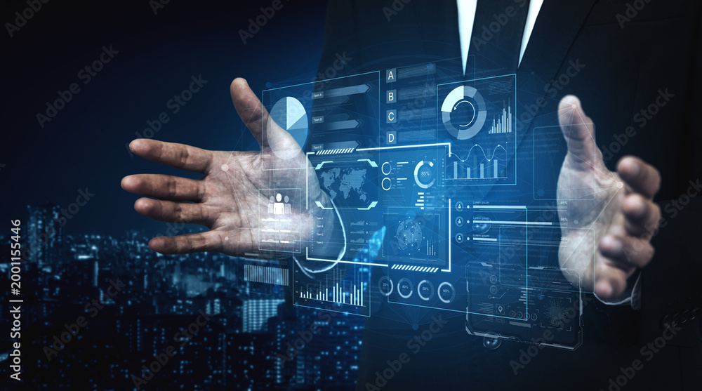 Naklejka premium A comprehensive business intelligence dashboard for data analysis. The interface displays global metrics, team performance charts, and financial reports for strategic planning. Fermion