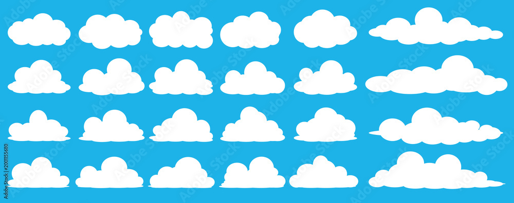 Fototapeta premium set of vector illustrations of clumpy clouds, cloud bubbles in flat style on a blue background