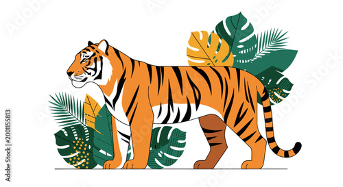 Majestic tiger standing among lush tropical jungle foliage