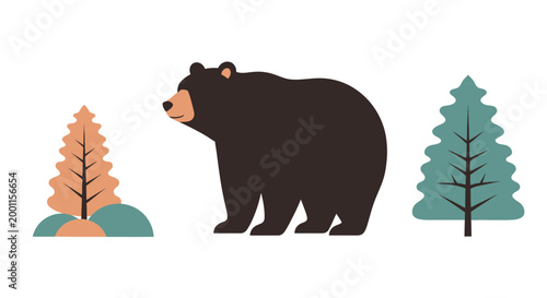 Minimalist flat vector bear standing between two pine trees