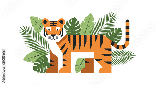 Minimalist flat vector illustration of a tiger in jungle