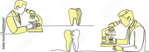 Continuous line of dentists using microscopes to examine damaged teeth in a clinical setting with yellow highlights on a white background for medical