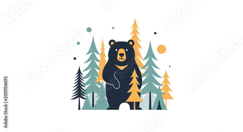 Minimalist flat vector illustration of bear in pine forest
