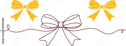 Decorative continuous line of a gift ribbon bow with two additional yellow bows isolated on a clean white background for festive projects