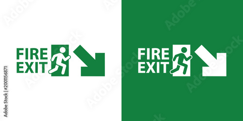 Fire exit sign featuring a running person and diagonal arrow. Clear vector icon for building safety, emergency evacuation, and hazard guidance. Professional green and white graphic design.