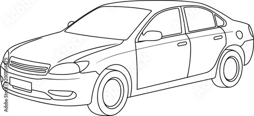 Detailed side profile view of a modern sedan car in a clean black and white line style automotive projects and coloring book pages
