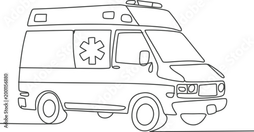 Continuous single line of emergency ambulance vehicle with medical star of life symbol isolated on white background for hospital transport services