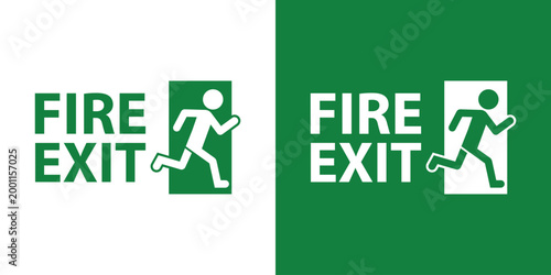 Standard Fire Exit sign featuring a running human figure. Essential vector icon for fire safety compliance, building navigation, and emergency evacuation protocols. Clean green and white design.