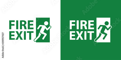 Standard Fire Exit sign featuring a running human figure. Essential vector icon for fire safety compliance, building navigation, and emergency evacuation protocols. Clean green and white design.