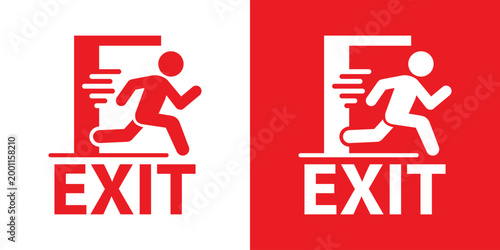 Emergency exit sign with fast movement graphic. Features text "EXIT" and a stylized human figure running through a door. Bold red vector design on white and red background, for fire safety.