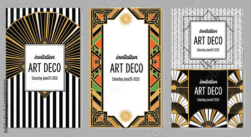 Art Deco invitation card design set, geometric gold black green patterns, elegant decorative border motif, vintage 1920s style celebration, flat vector illustration