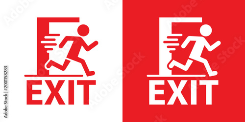 Emergency exit sign with fast movement graphic. Features text "EXIT" and a stylized human figure running through a door. Bold red vector design on white and red background, for fire safety.