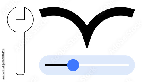 Technology, interface customization, adjustment tools, troubleshooting, user experience, and design elements. Wrench, arrow and slider . Adjustment tools and interface customization concept