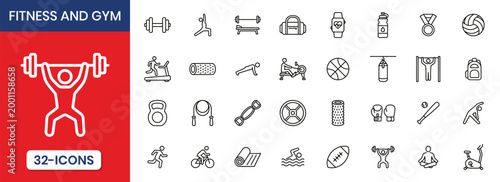 Fitness and Gym Equipment Minimalist Vector Line Art Set