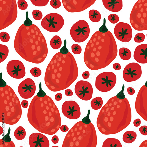 Cuadro en lienzo This is a charming and playful seamless pattern featuring stylized red tomatoes and chilies on a clean white background