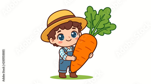 Cute little boy farmer in overalls and a straw hat holding a giant orange carrot, flat vector illustration.