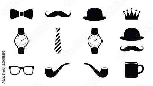 A set of black silhouettes of men's accessories and attire