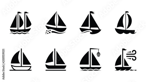 set of eight minimalist water related sailboat designs on white background