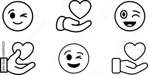 Minimalist black and white line featuring winking emoji faces and human hands holding heart shapes representing love and positive social media feedback