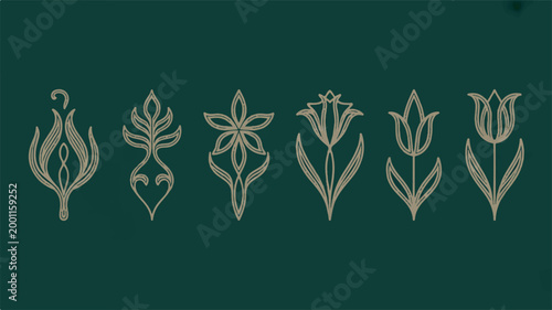 A set of six identical floral warning symbols is displayed on a dark green background.