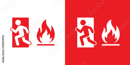 Fire emergency exit sign vector. Features a burning flame symbol alongside a person running through a door. High-contrast red illustration for fire safety, prevention, and hazard warning signage.