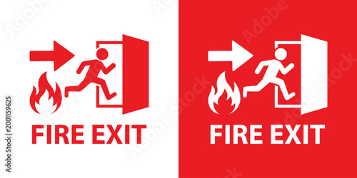 Professional "FIRE EXIT" sign with a running person, flame icon, and directional arrow. A clear red and white vector graphic designed for building safety, evacuation, and fire prevention protocols.