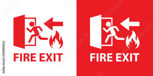 Fire safety emergency evacuation sign. Features a running person fleeing fire with a directional arrow. Vector icon for public building safety and hazard awareness, isolated on red and white backgroun