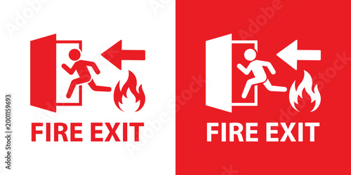 Fire safety emergency evacuation sign. Features a running person fleeing fire with a directional arrow. Vector icon for public building safety and hazard awareness, isolated on red and white backgroun