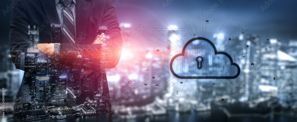 Fototapeta premium Cloud computing enables digital growth with secure data storage, scalable infrastructure, and strategic cloud-based business solutions. Vouch