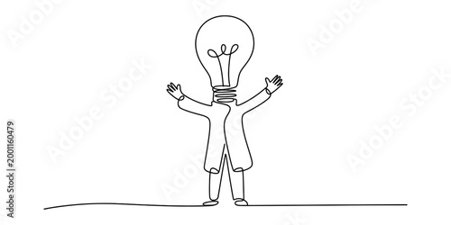 Stylized line drawing of a person with a light bulb for a head, arms raised in excitement, representing an idea or inspiration. Vector, illustration