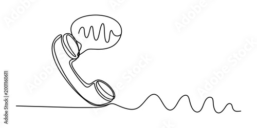 Vintage telephone receiver with sound waves in a speech bubble, continuous line art style