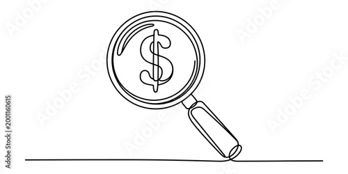 Magnifying glass over dollar sign, continuous line art