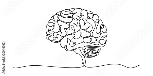 Single line drawing of a human brain, abstract concept of mind and thinking, simple and clean art