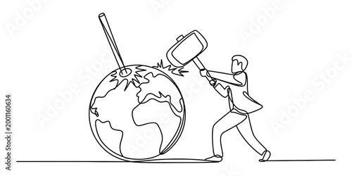 Man in suit hitting planet earth with a large hammer, symbolizing destruction or crisis, single line drawing Vector, illustration