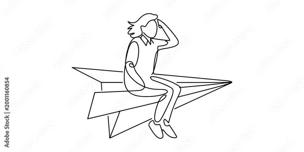 Obraz premium Woman sitting on a paper airplane and looking into the distance, continuous line drawing Vector, illustration