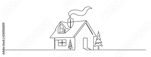 One continuous line drawing of family country house with trees at village. Modern concept of Home architecture in minimalistic black linear design. Hand drawn Vector illustration